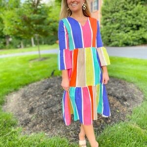 Vilagallo Rainbow Stripe Tiered Midi Dress XL | Cotton Boho Resort Bell Sleeve